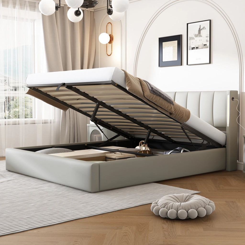 Letto imbottito idraulico con LED e USB 180x200 cm in similpelle grigia