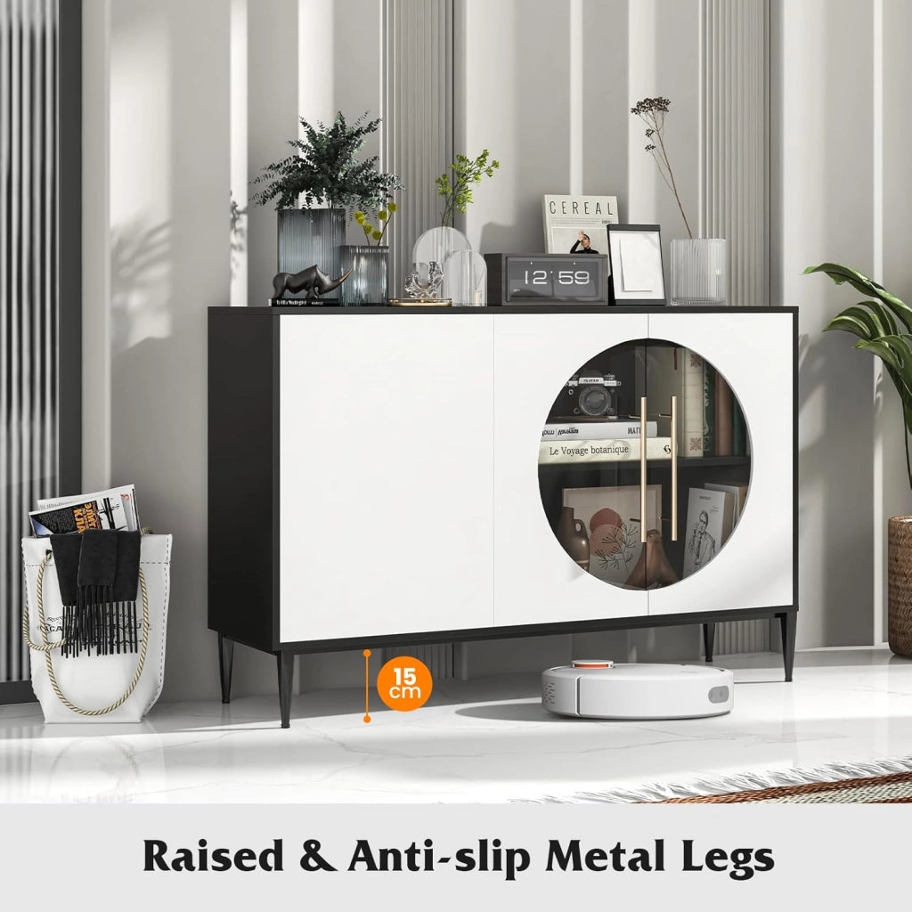 Mobile Buffet, Tavolo Credenza da Cucina con 2 Ripiani Regolabili, 3 Ante e Gambe in Metallo Sollevate, Mobile Bar da 120 cm per Soggiorno, Cucina, Sala da Pranzo, Ingresso, Bianco e Nero
