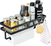 Scaffetta per spezie, senza foratura, scaffetta per parete con contenitore per carta da cucina e 4 ganci rimovibili, mensola per cucina, scaffetta per spezie da appendere per colla o foratura, per cucina, bagno, porta armadio, nera.