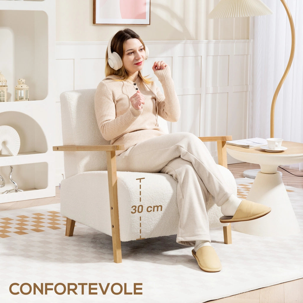 Poltrona Relax in Tessuto con Braccioli e Gambe in Legno ¨C Zephmum ¨C Crema