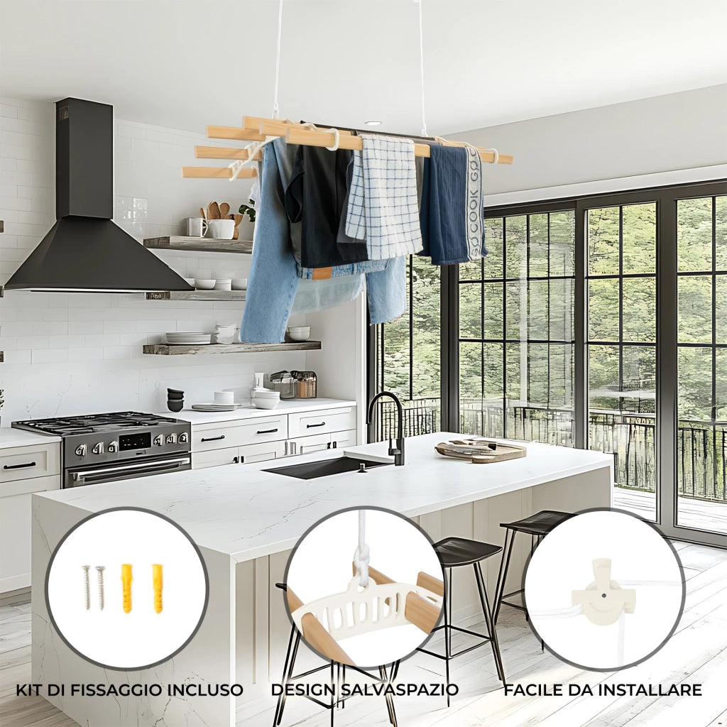 Stendibiancheria a Soffitto con Puleggia 6 Listelli 1,5m Avorio