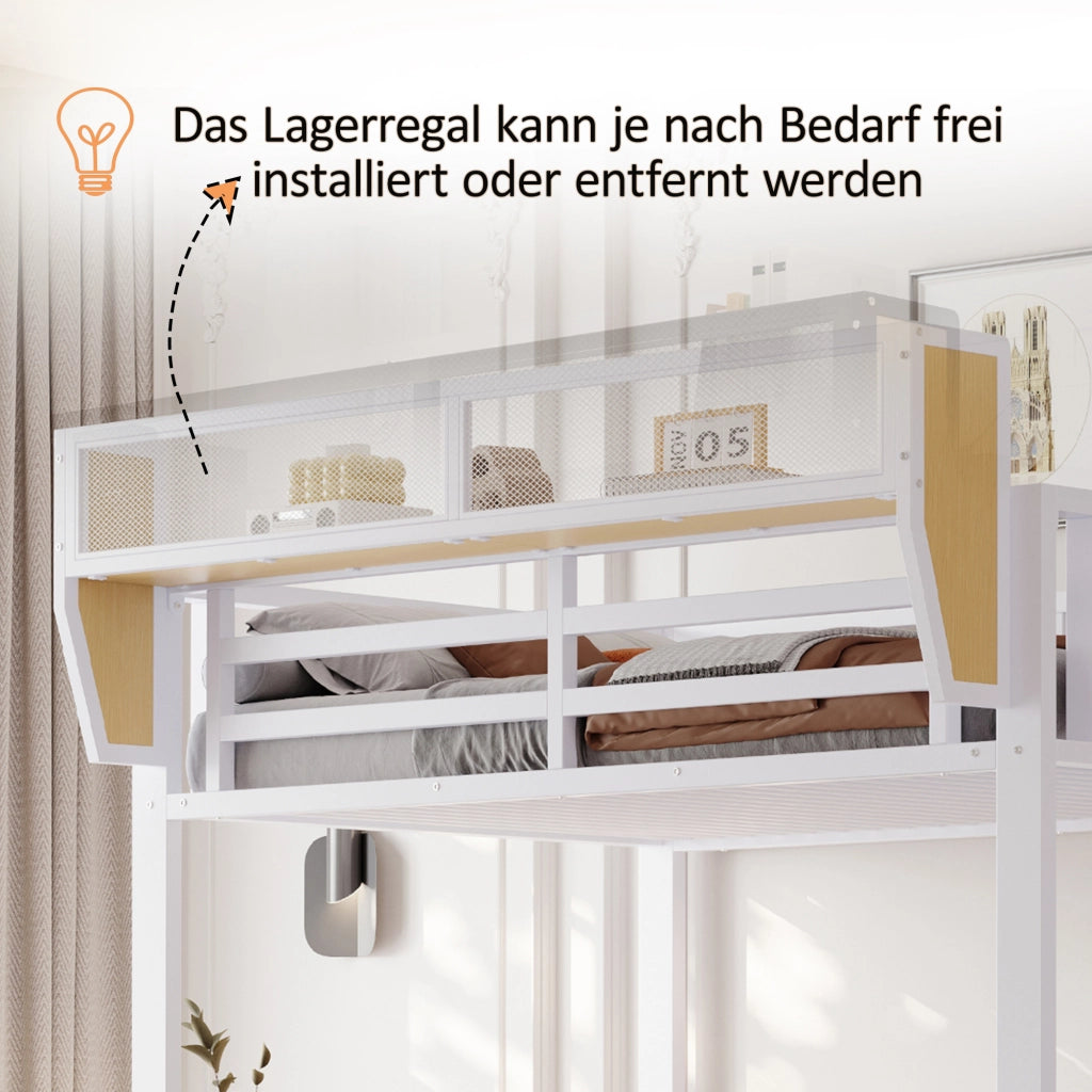 Letto a soppalco 90 × 200 cm con LED, scala di sicurezza e ripiani regolabili, senza materasso, in metallo bianco