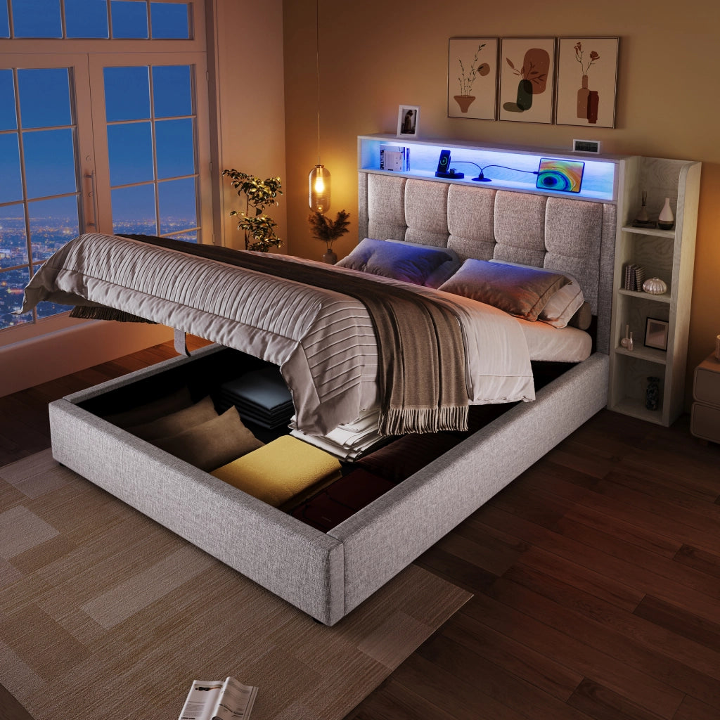 LETTO imbottito 90x200 cm in lino beige con USB e LED