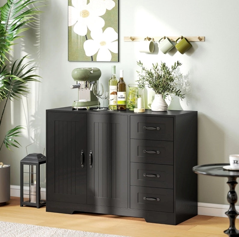 Madia moderna nera con 4 cassetti e 1 anta, 105 x 40 x 76 cm