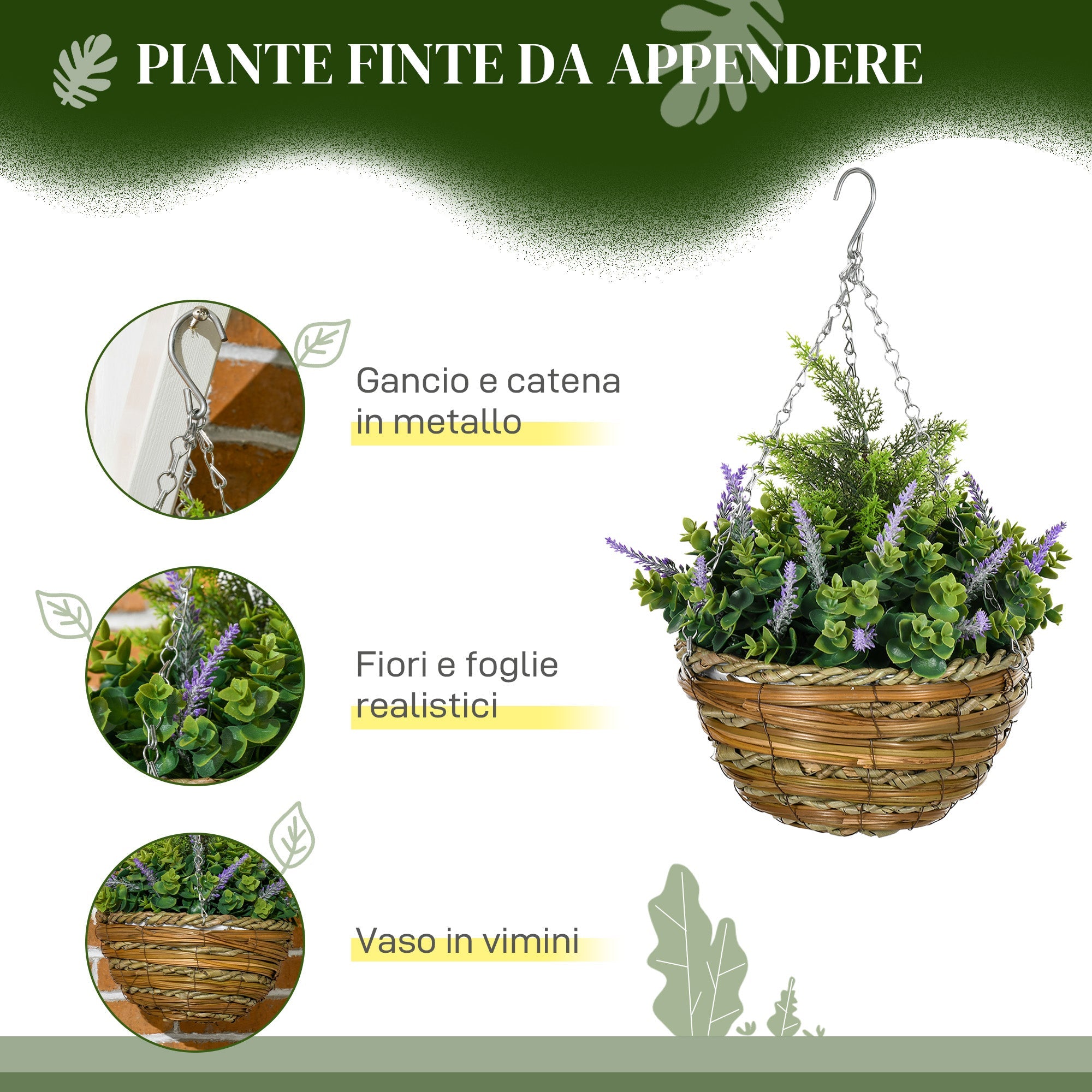 Set 2 Piante Artificiali di Lavanda Ø25x34 cm con Vaso e Gancio in PE e Vimini Verde e Viola