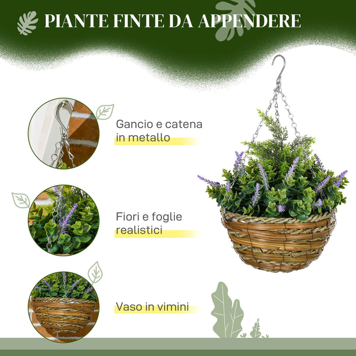 Set 2 Piante Artificiali di Lavanda Ø25x34 cm con Vaso e Gancio in PE e Vimini Verde e Viola