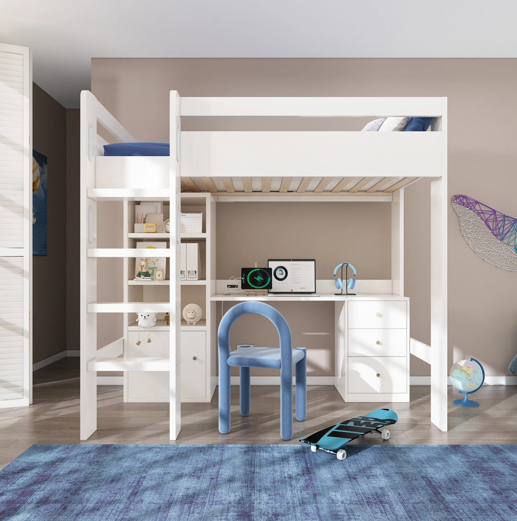 Letto a soppalco 90x200 cm con scrivania; armadio; cassetti e ricarica USB-Type-C; bianco