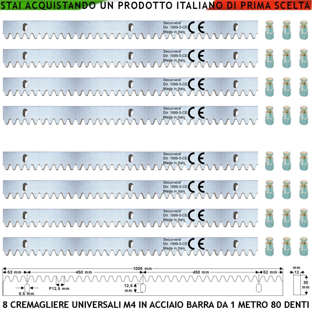 Barre Cremagliera Universale M4 Otto Moduli da 1 MT in Acciaio Zincato 12X30 mm Portata 22 Q.li Max 30 Q.li Con 80 Denti Fissaggio Tre Bulloni Per Metro Ricambio Cancello Scorrevole Giunture Contatto