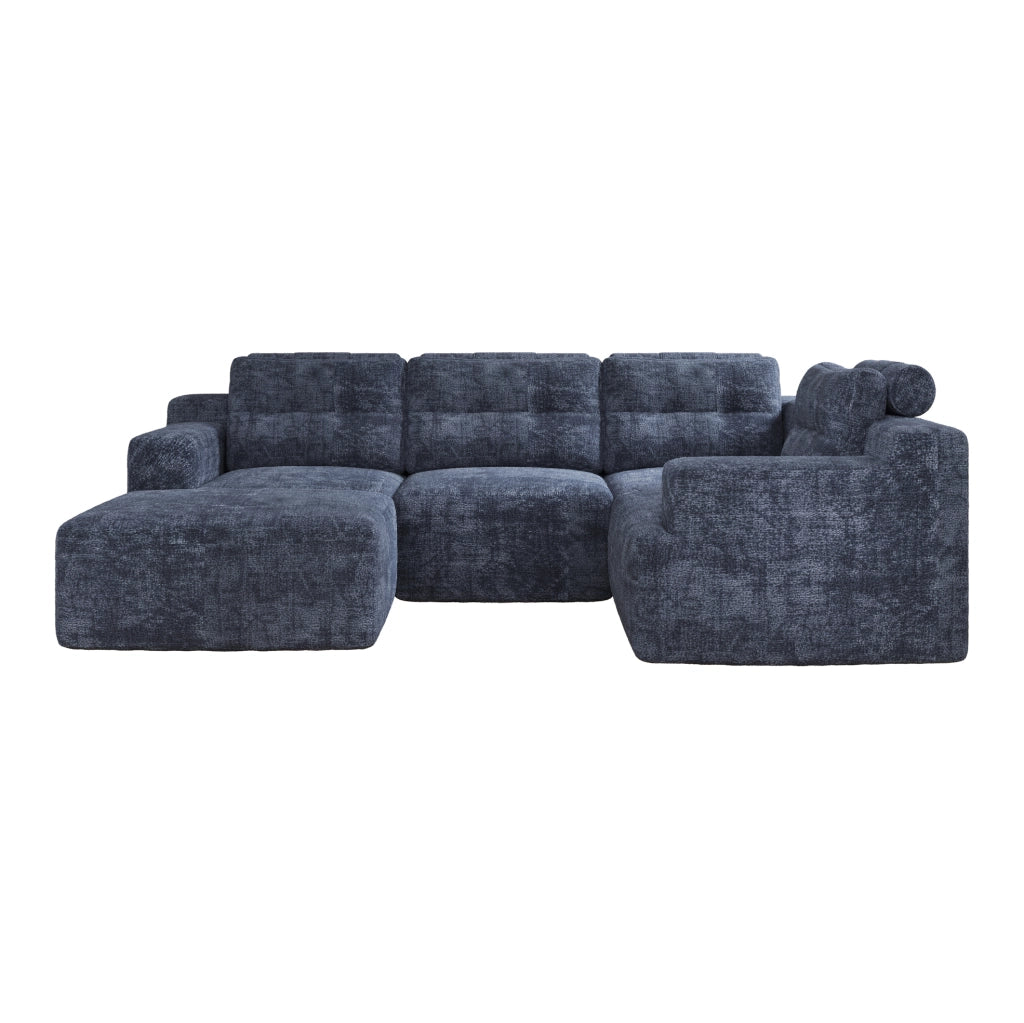 Divano modulare a U in ciniglia blu con poggiatesta e pouf; 252 × 180 × 82 cm