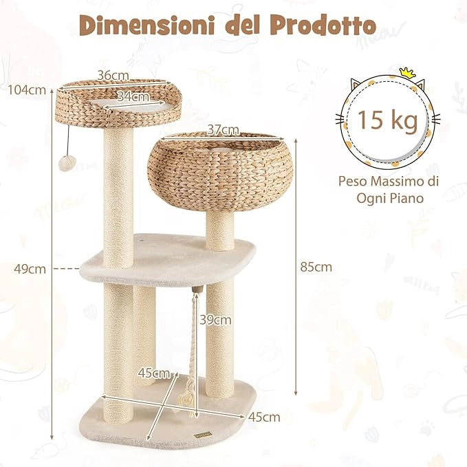 Tiragraffi per Gatti Piccoli, Tiragraffi con Cuccia, Piattaforma, Pallina e Palo in Sisal Naturale, Albero per Gatti da Divano, Salotto e Camera da Letto (Bianco)