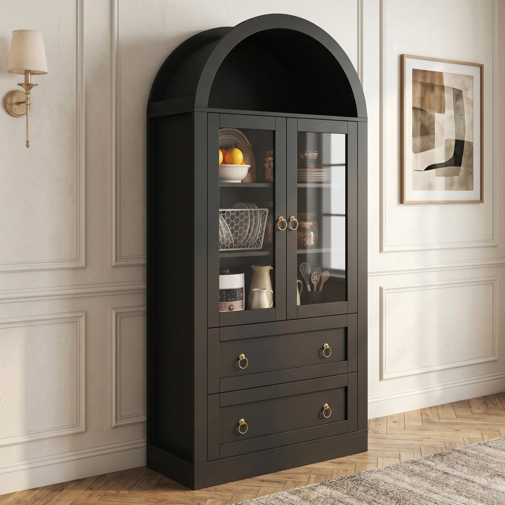 Credenza con ante in vetro, cassetti e ripiani regolabili per cucina e soggiorno, nero, 80 × 36 × 170 cm