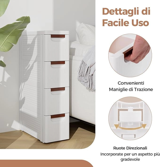 Mobile Bagno con 4 Cassetti, Mobiletto Bagno Salvaspazio con Ruote, Cassettiera in PP per Soggiorno, Bagno e Cucina, 42 x 19 x 74 cm