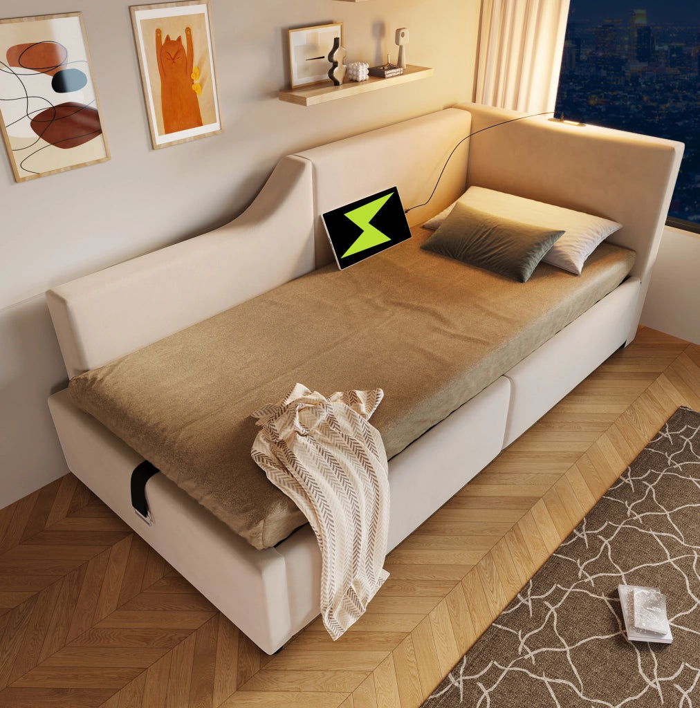 Letto a giorno 90x200 cm con contenitore; lampada da lettura e USB C; velluto beige