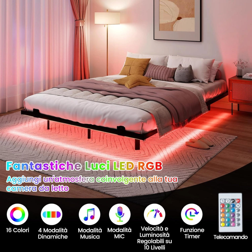 Telaio Letto Galleggiante, Letto Matrimoniale 140 x 200 cm in Metallo con Luci LED Fissaggio per Materasso, Doghe Resistenti a Carico Pesante, Carico 400 kg