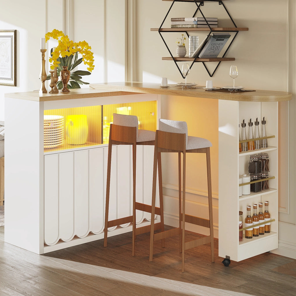 Tavolo bar 135-205x39x100 cm con ruote; LED e vani contenitore in MDF e vetro bianco