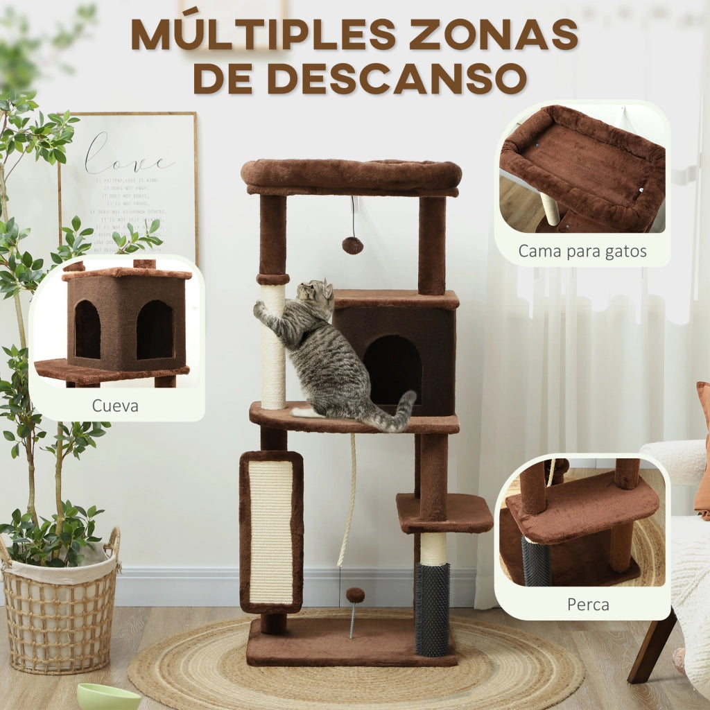 Albero tiragraffi per gatti con piattaforme, palo, spazzola, palline e cuscino ¨C zephmum ¨C 132 cm marrone