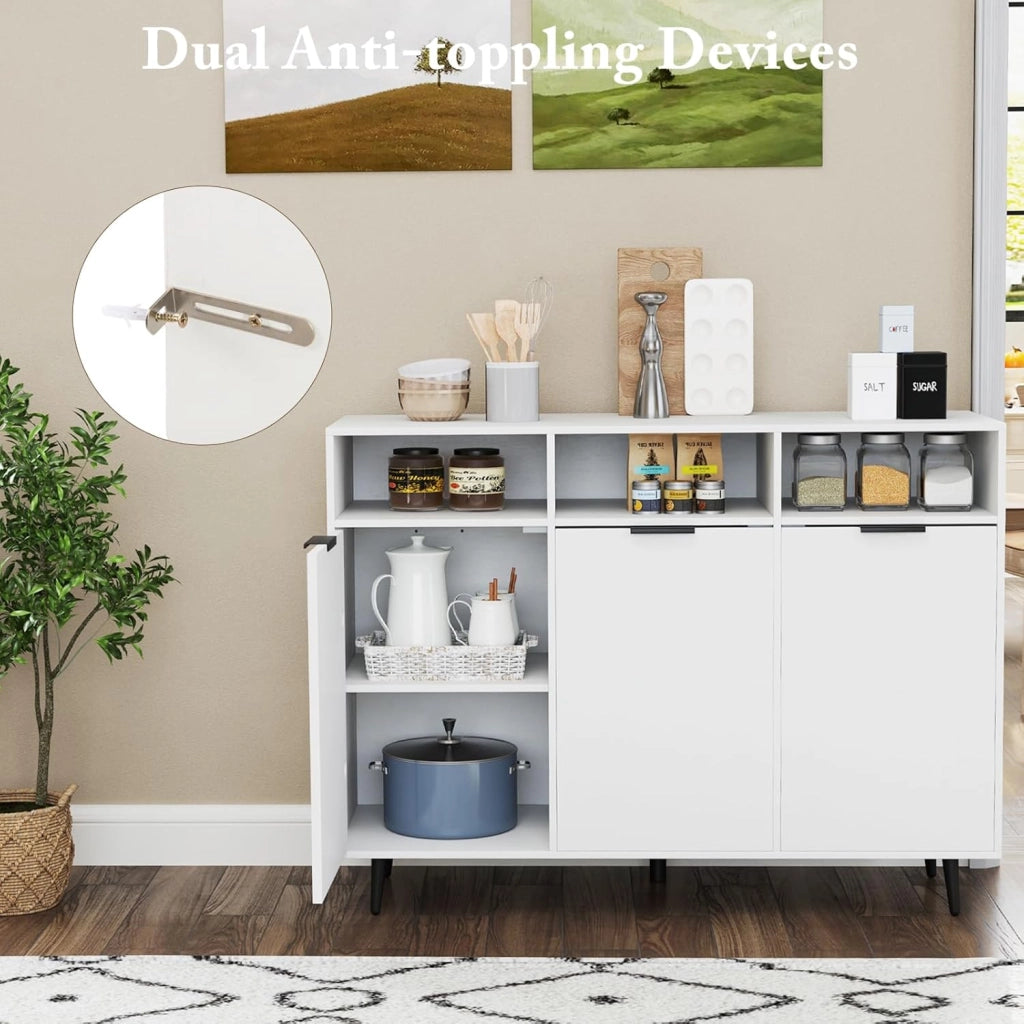 Armadietto da cucina a buffet, credenza da cucina con ripiani regolabili a 5 scomparti, con 3 scomparti aperti e ante multiuso, per sala da pranzo e soggiorno
