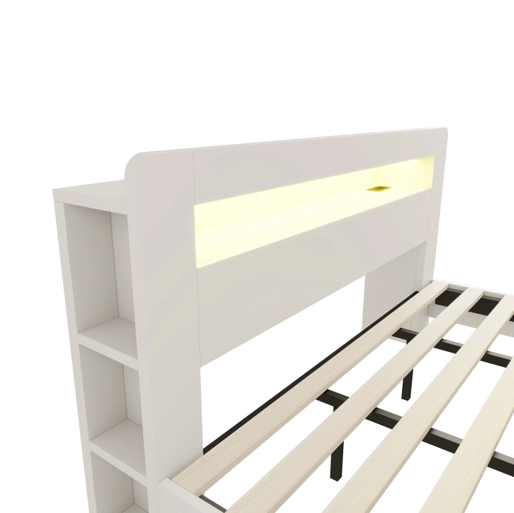 Letto matrimoniale in legno 180x200 cm con testiera contenitiva, LED e prese