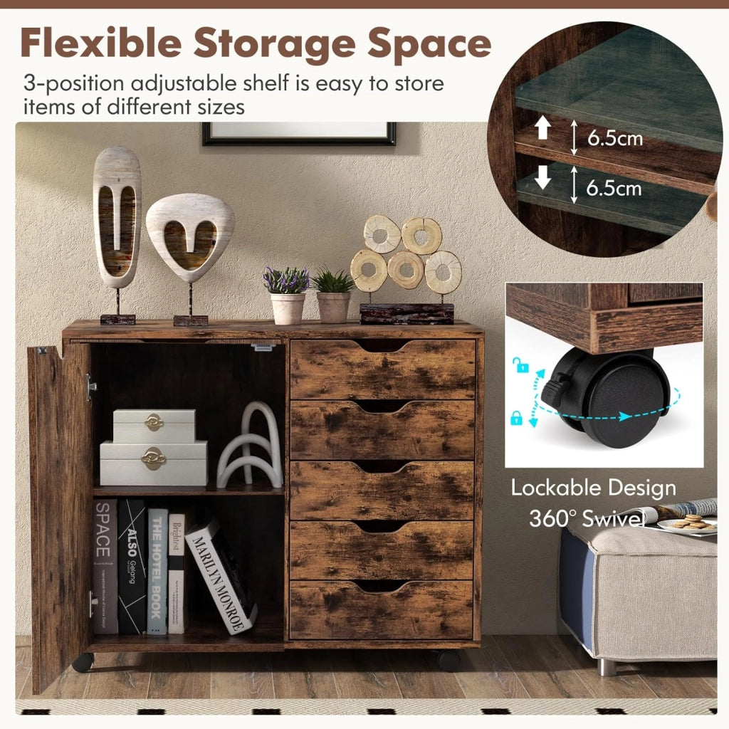 Cassettiera Ufficio con 5 Cassetti, Schedario Portadocumenti con Ruote Universali e Ripaini Regolabili, Mobile Porta Stampante in Legno per Studio, Camera da Letto, 79x39x65 cm (Marrone)