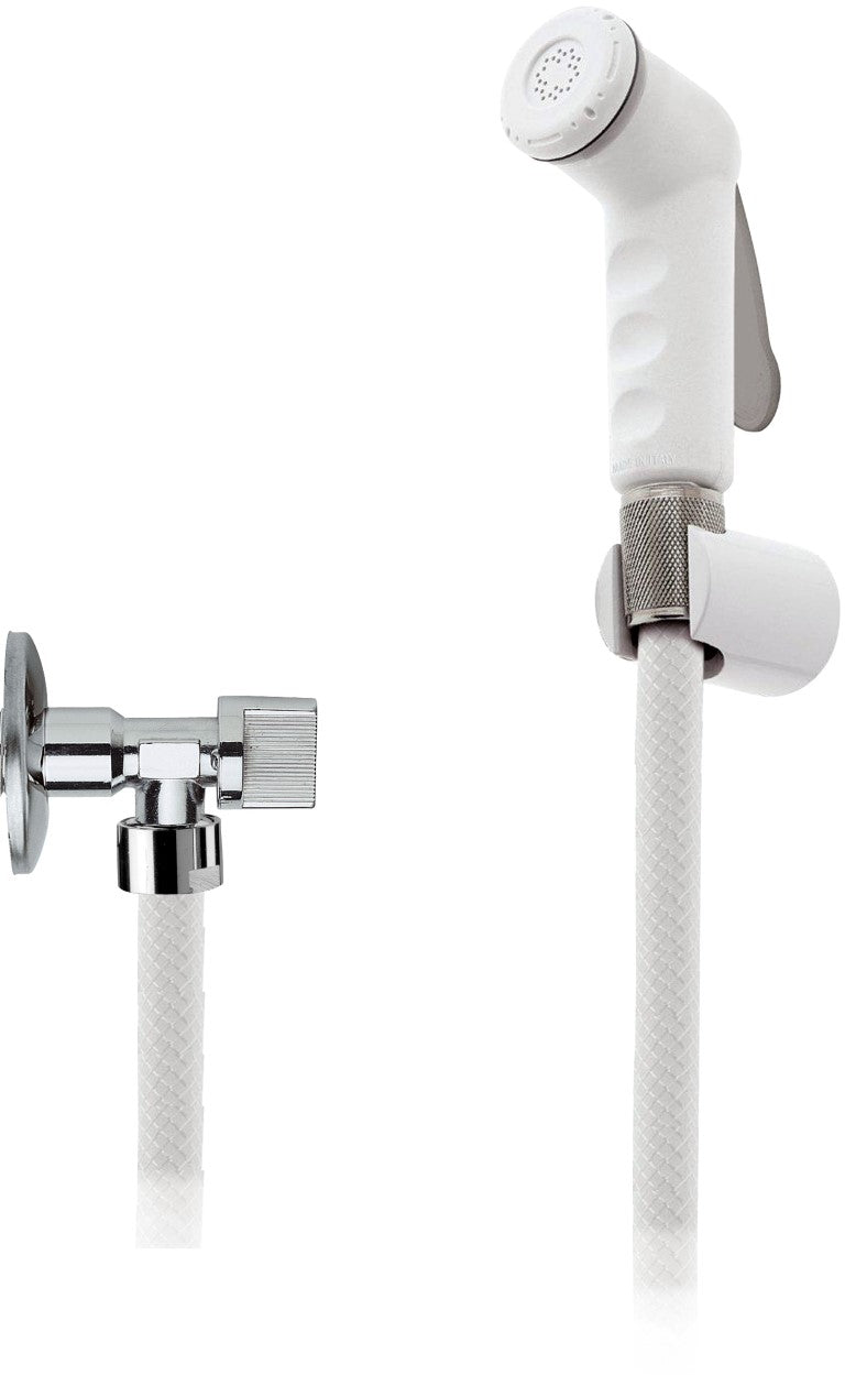 Doccetta bidet bianca con flessibile, rubinetto e supporto bianco