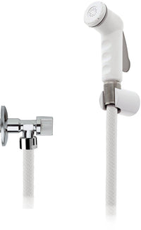 Doccetta bidet bianca con flessibile, rubinetto e supporto bianco