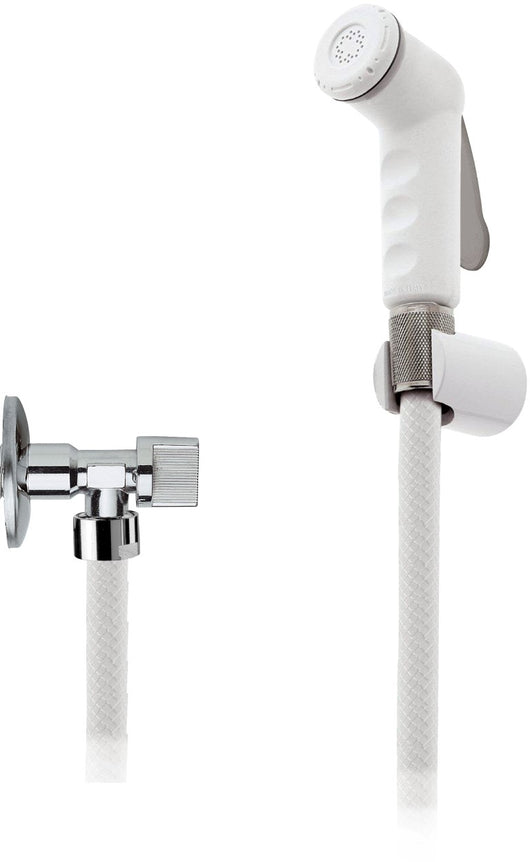 Doccetta bidet bianca con flessibile, rubinetto e supporto bianco