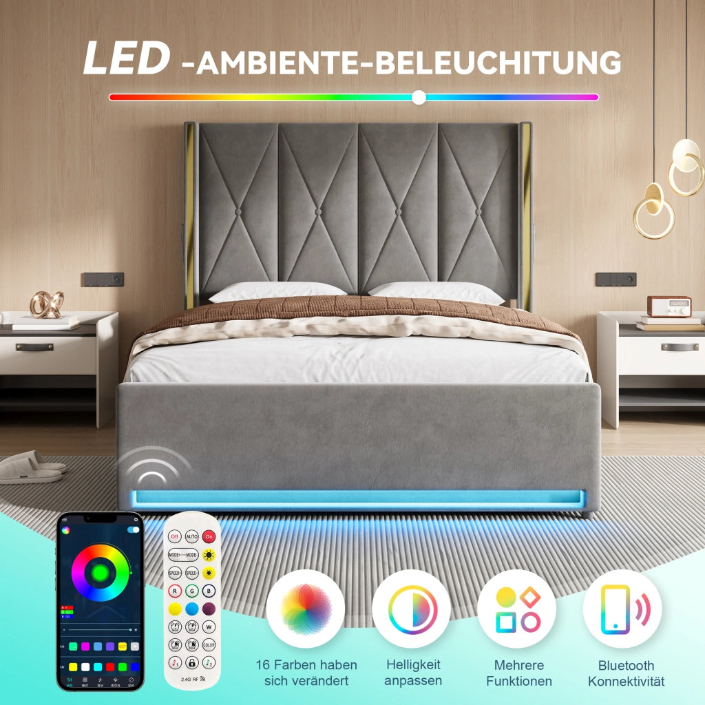 LETTO Contenitore 160x200 cm in velluto grigio scuro, testiera alta imbottita