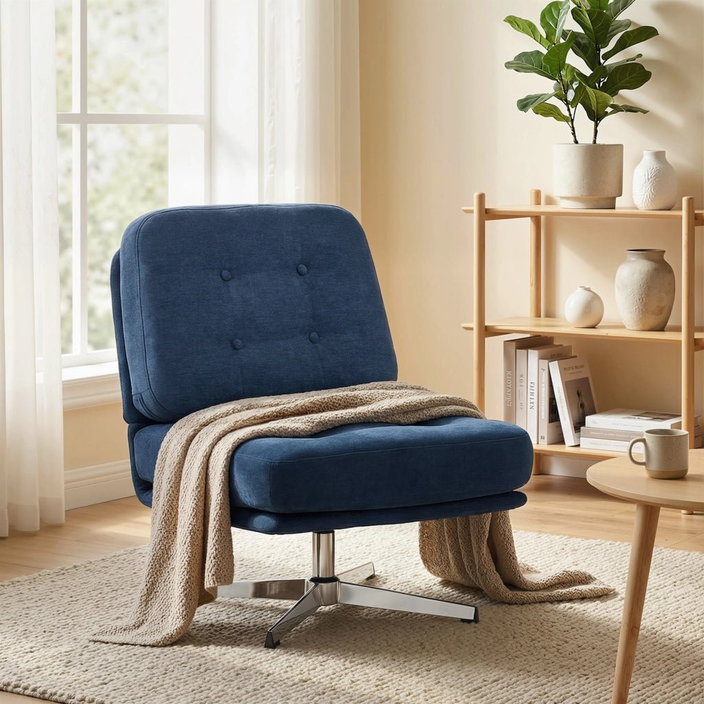 Poltrona da Salotto Girevole con Seduta Larga e Gambe in Metallo Rivestita in Ciniglia Blu Scuro