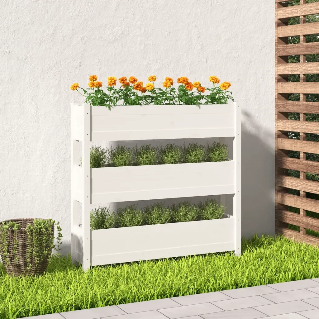 Fioriera | Cassetta per fiori | Vaso Bianca 112x25x104,5 cm in Legno Massello di Pino