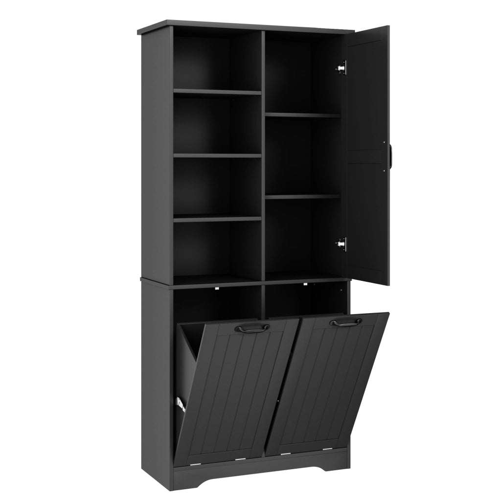 Mobile bagno in MDF 78 x 35 x 172,7 cm, con finitura laccata resistente all¡¯umidit¨¤, 2 cesti portabiancheria, 1 anta e ripiani regolabili, nero