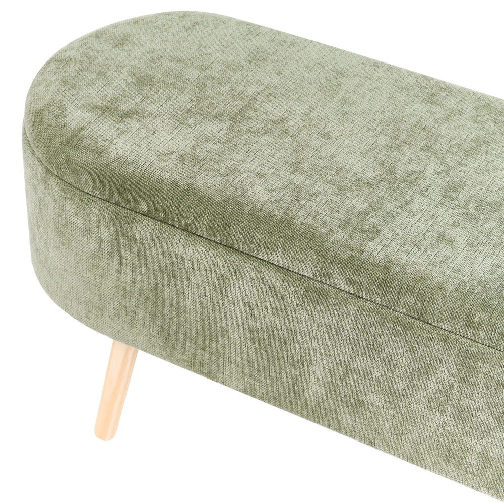 Panca in tessuto cinigliato verde con gambe in legno di pino e contenitore per camera da letto, soggiorno e accessori