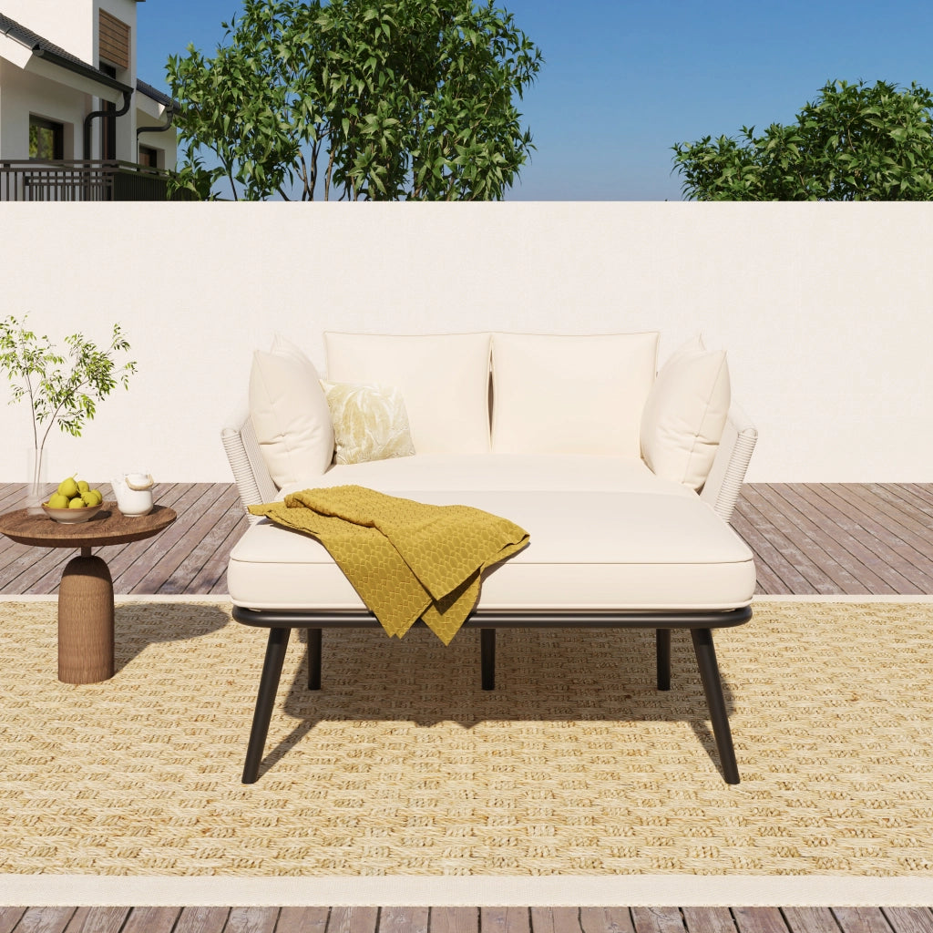 Lettino Prendisole Doppio con Cuscino 10 cm e 2 Cuscini; Schienale Intrecciato; Struttura in Acciaio; in Poliestere Beige