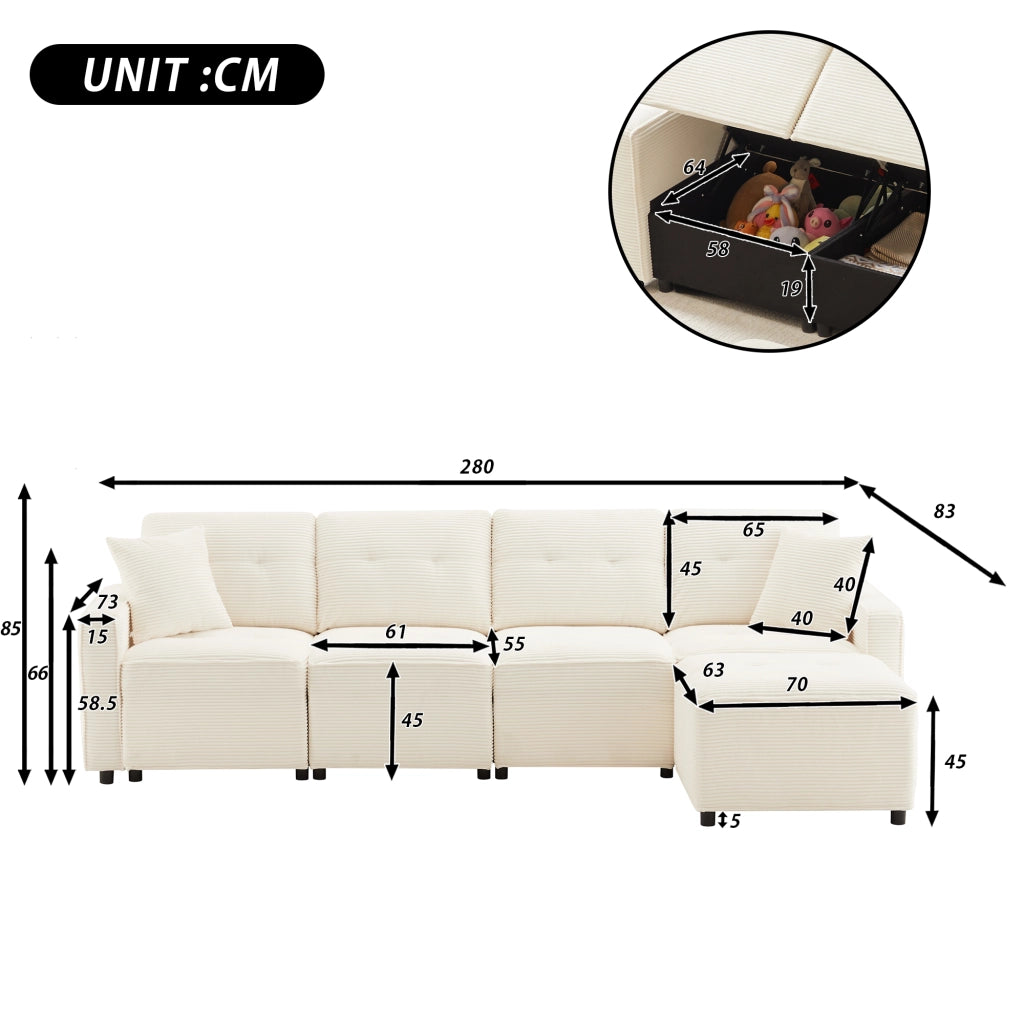 Divano dritto 4 posti con contenitore e pouf modulare, in velluto a coste, Beige, 280 × 146 × 85 cm
