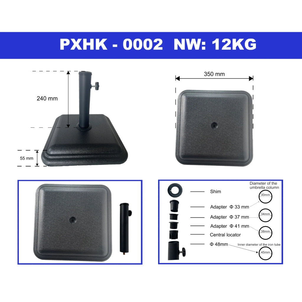Base per ombrellone da giardino con adattatori 33 / 37 / 41 / 48 mm cemento 35 x 35 x 6 cm nero 03_0010249