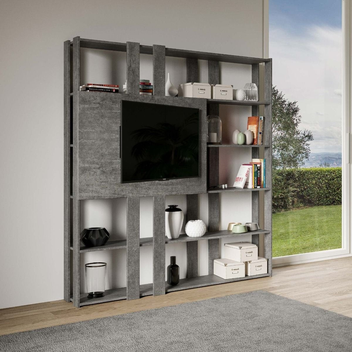 Libreria con porta TV - KATO TV Colore: Cemento, Dimensioni: L.178 P.36 H.204, Composizione: N