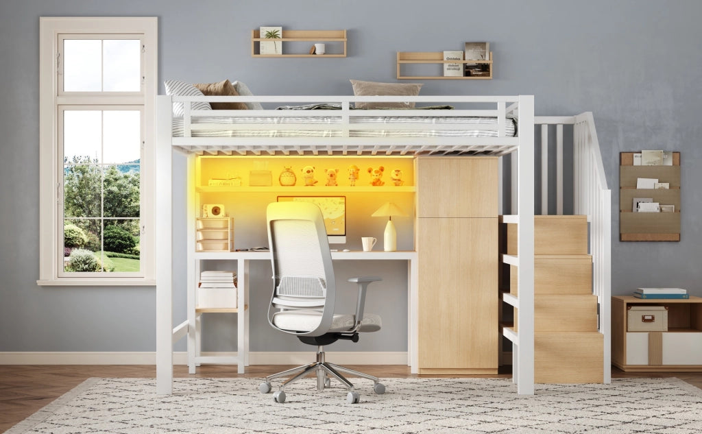 DESMIU Letto a soppalco 140 × 200 cm 2 posti con scrivania, armadio, ripiano e LED, senza materasso, bianco