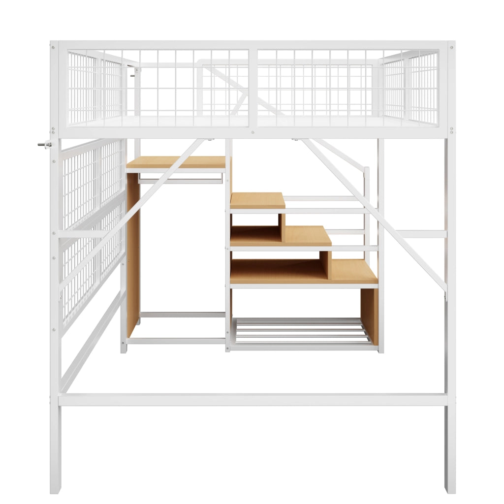 Letto a soppalco in metallo 140x200 cm con scala, vani contenitore e LED, Bianco/Nero