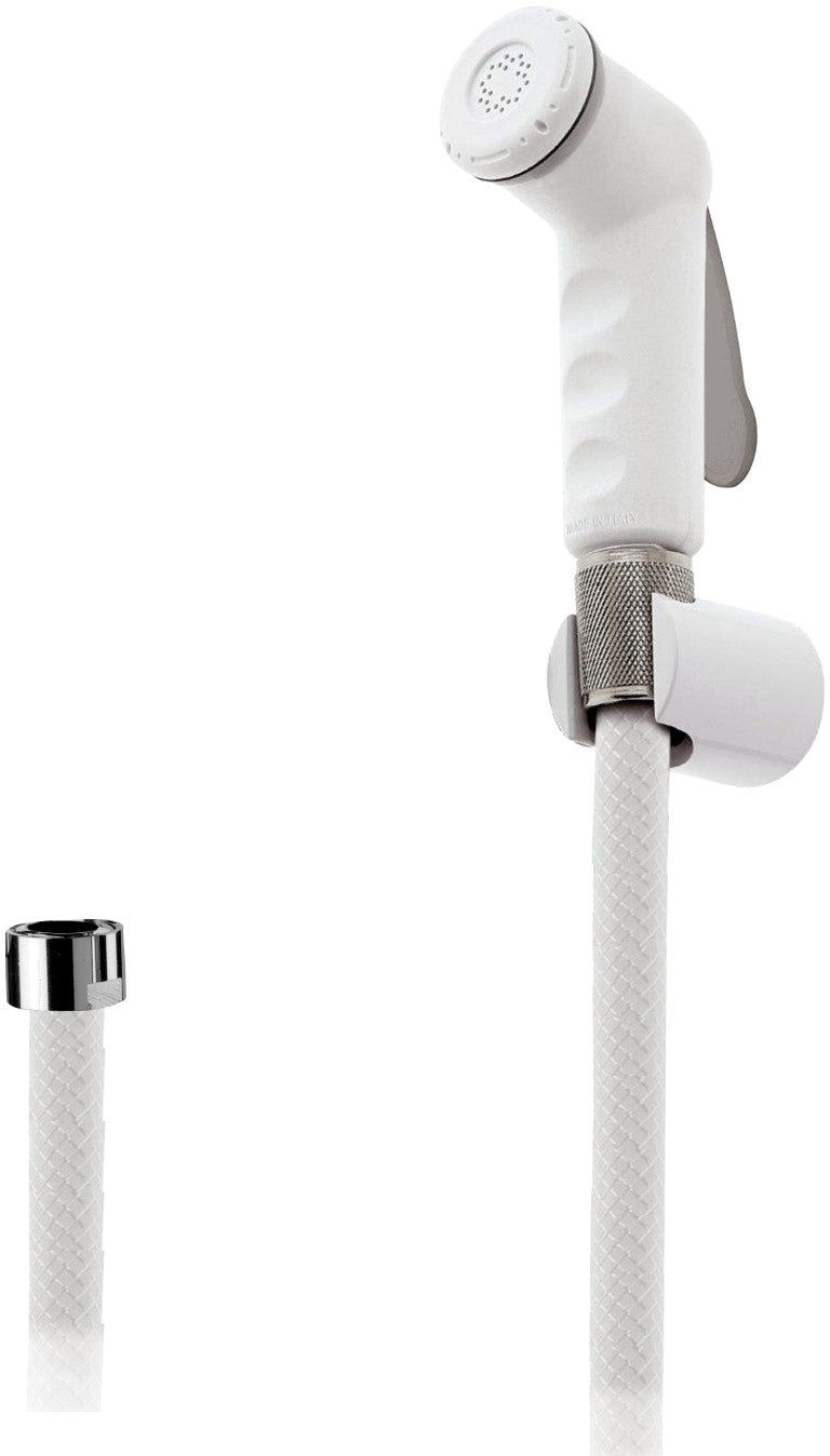 Set con doccetta bidet a pulsante bianca, flessibile e supporto