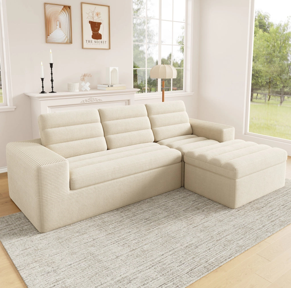 Divano modulare angolare con pouf in velluto a coste beige