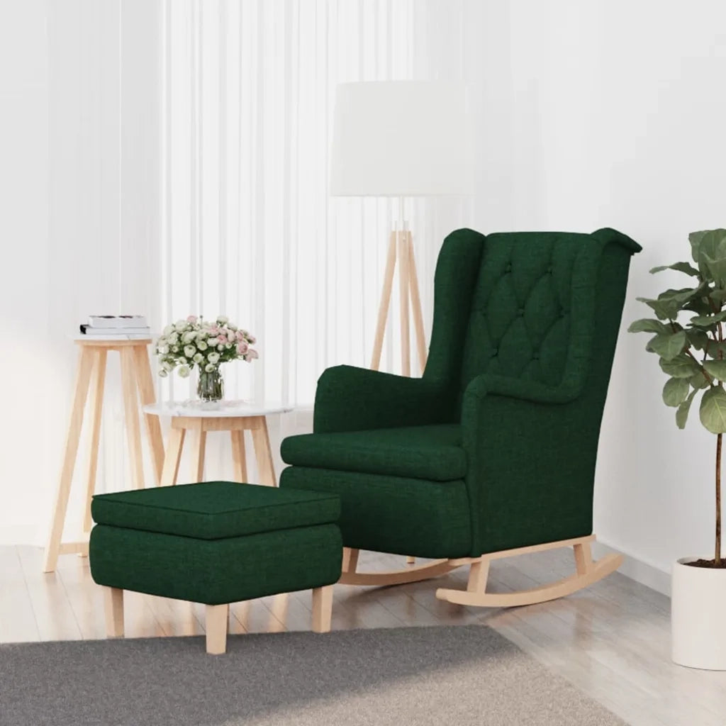 Poltrona con Gambe a Dondolo | Sedia Relax e Sgabello Verde Scuro in Tessuto