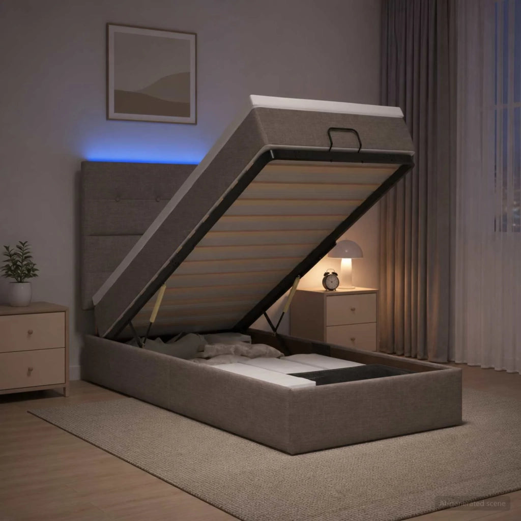 Letto Ottomano con Materasso e LED Tortora 90 x 190 cm Tessuto 3458038