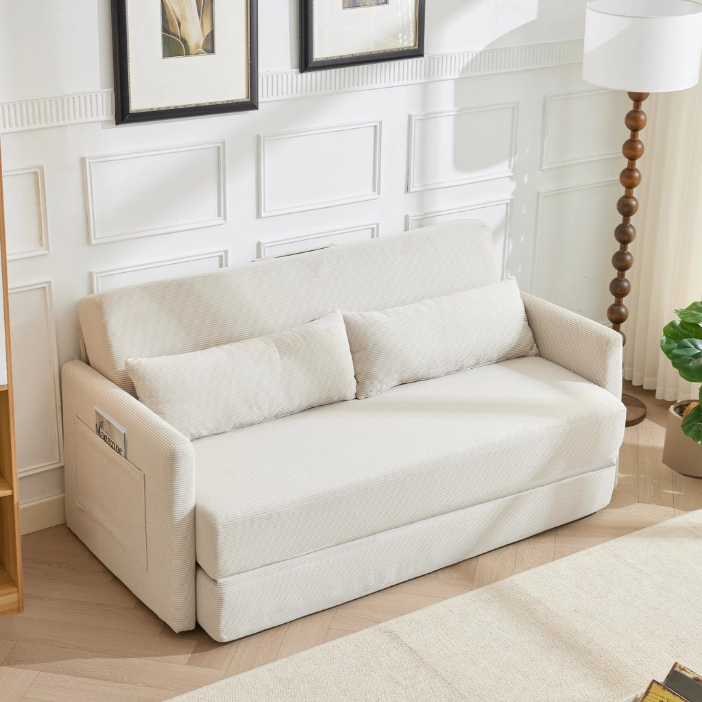 Divano letto convertibile 2 posti in velluto a coste con 2 cuscini lombari e tasche laterali in ferro beige