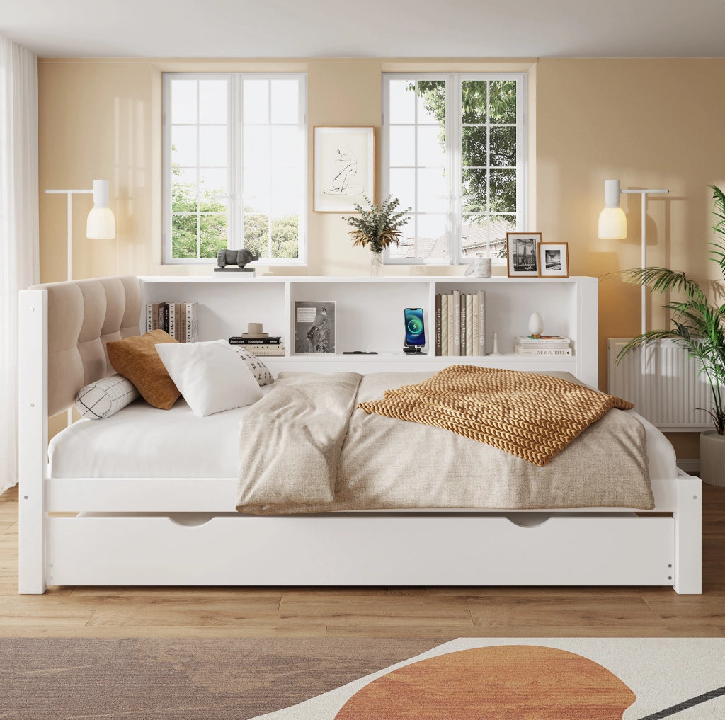 Letto 90x200 cm con letto estraibile; LED e USB in legno bianco