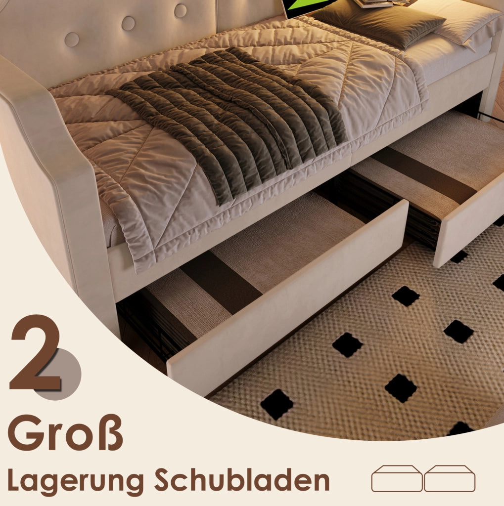 Letto singolo imbottito 90x200 beige con USB-C e cassetti