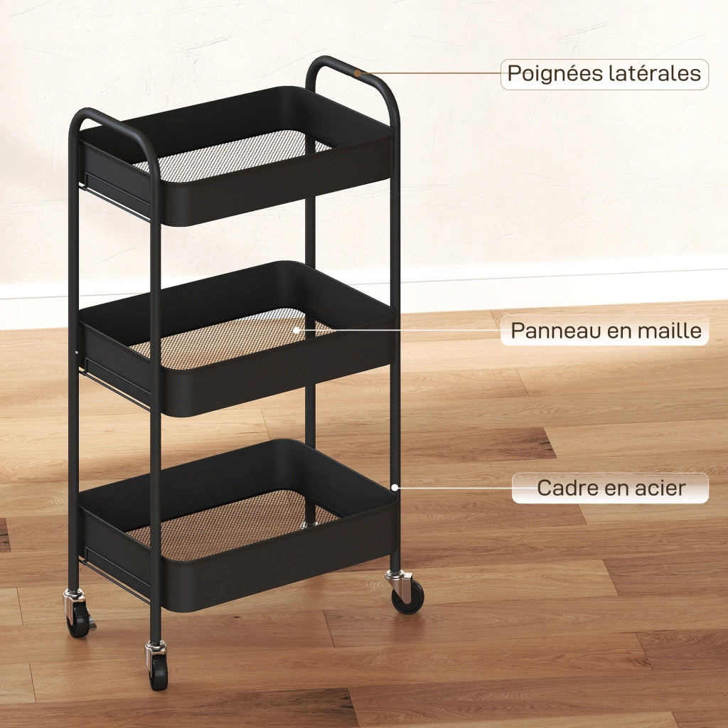 Carrello di servizio con 3 ripiani forati ¨C zephmum ¨C nero 45x30.6x79 cm