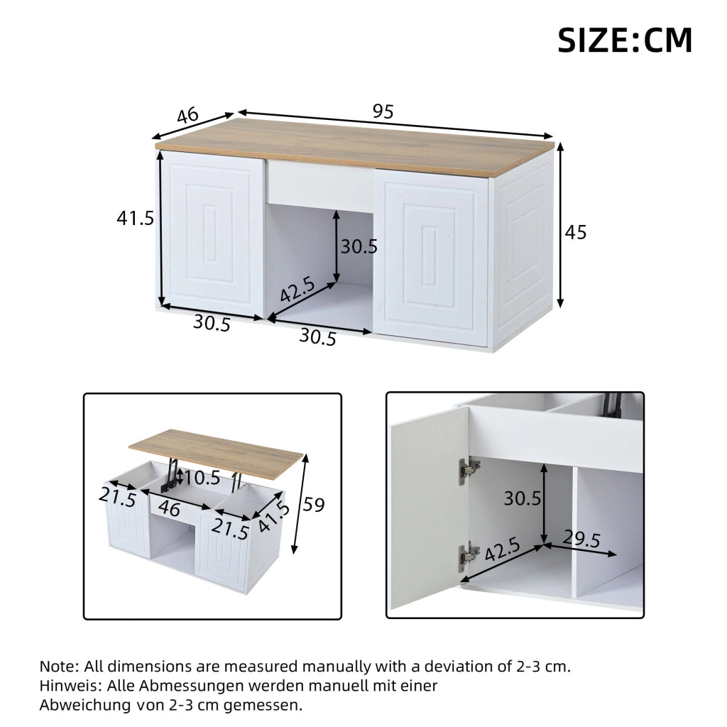 Tavolino basso sollevabile con 2 ante e 6 vani, per soggiorno, in pannello truciolare, bianco e naturale 46 × 95 × 45 cm