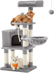 Cat Tree 110 cm con base e 9 graffi - Altezza 1 piattaforma 1 foro 1 lettino 1 pompon 1 corda pluche a più livelli grigio chiaro PCT260W01