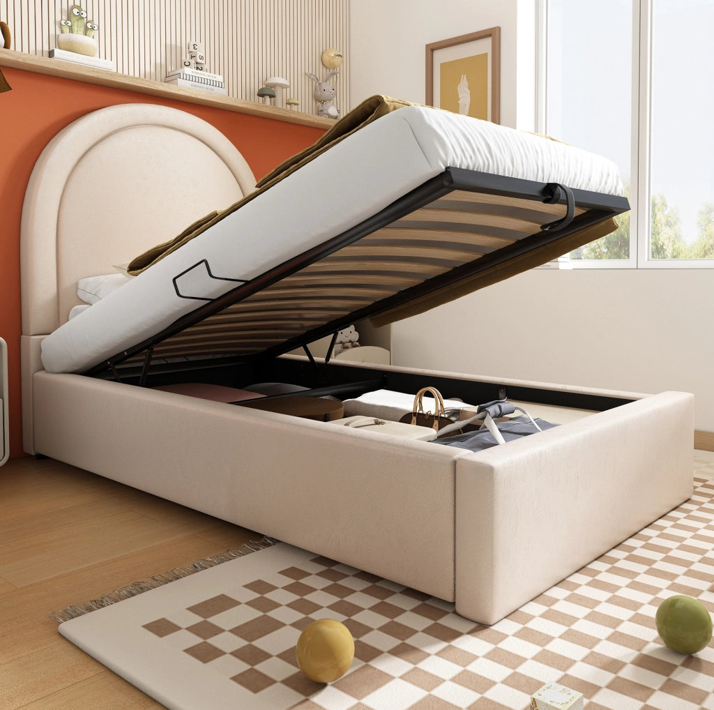 Letto imbottito per bambini con contenitore e rete idraulica 90x190 cm; beige PU