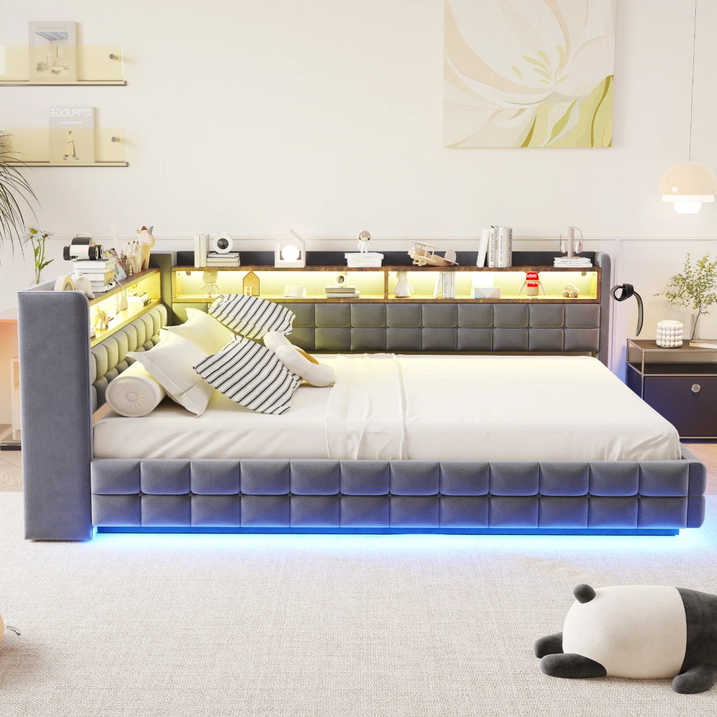 OKWISH Letto con Contenitore 140×200 cm, Letto Matrimoniale con LED, USB, Tipo C e Mensole, senza Materasso, Imbottito, Grigio