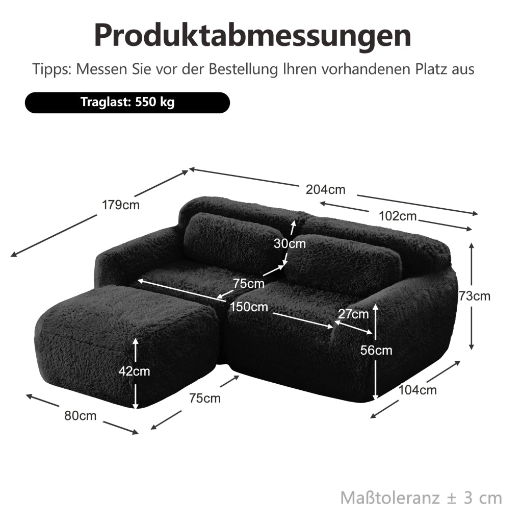 Divano modulare angolare a L 2 posti in tessuto peluche; 204x179x73 cm; nero